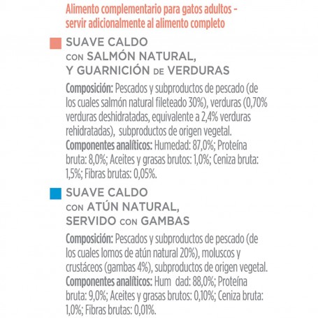 PURINA GOURMET Crystal Soup salmón natural servido con vegetales y atún natural servido con gambas