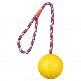Pelota con cuerda, caucho natural.